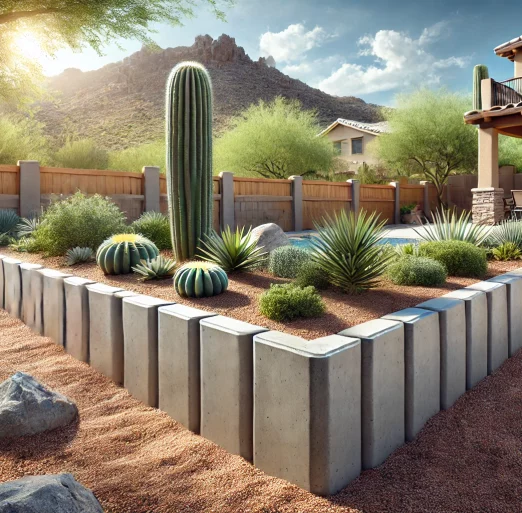 A detailed image of a poured concrete retaining wall in a residential setting in Arizona.